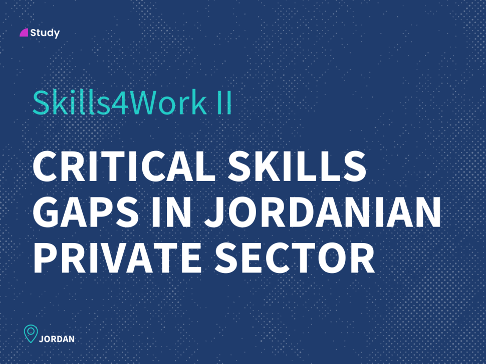 An infographic summarizing key findings from the Skills4Work II project study, highlighting employment challenges, skills gaps, and gender dynamics among Jordanian host communities and Syrian refugees. The visual includes statistics on income disparities, training needs, and female participation in the workforce, emphasizing the project's impact on sustainable employment and SDG alignment